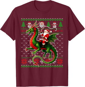 Santa Riding Dragon Ugly Christmas Sweater Xmas Kids Boys T-Shirt - T-Shirt | Maroon