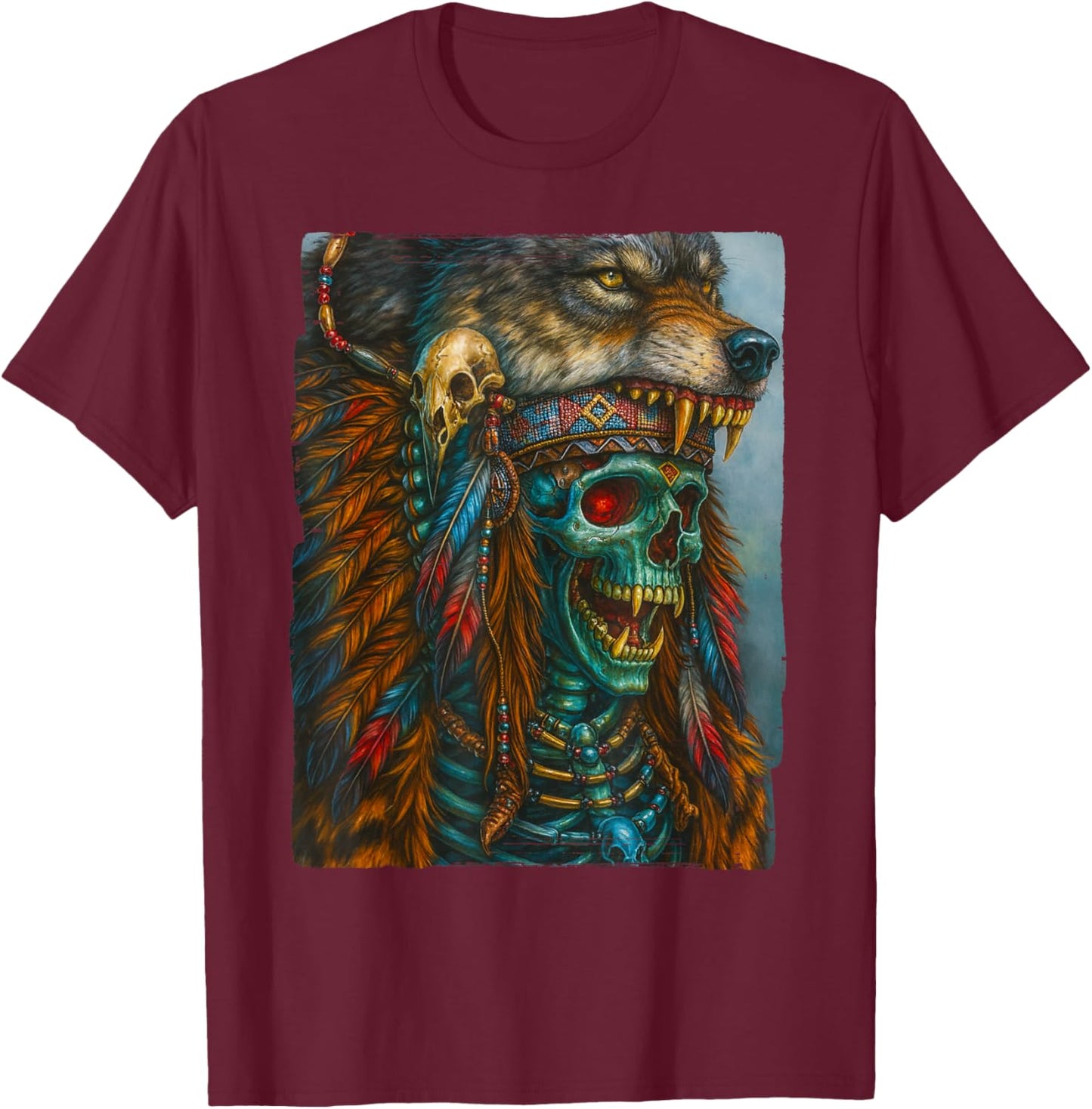 Native American - Chief Warrior - Indian Wolf Headdress T-Shirt - T-Shirt | Maroon