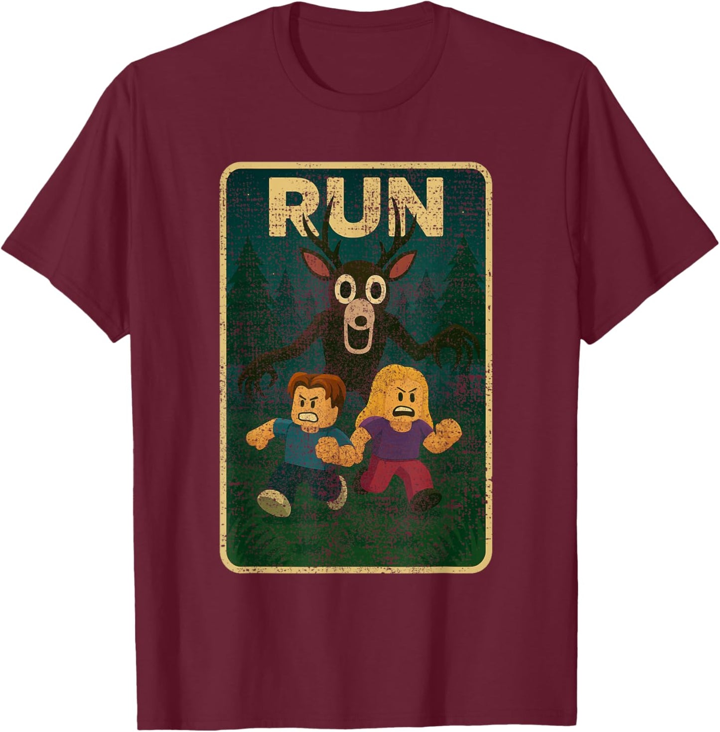 Run - 99 Nights Halloween Gamer Deer in The Forest Kids Meme T-Shirt - T-Shirt | Maroon