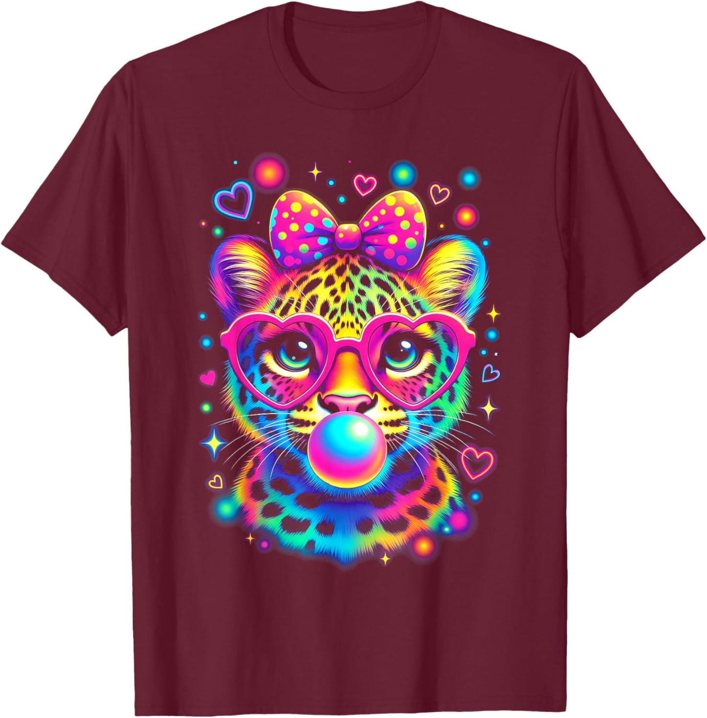 Leopard Glasses Blowing Bubble Gum 100 Day of School Kids T-Shirt - T-Shirt | Maroon