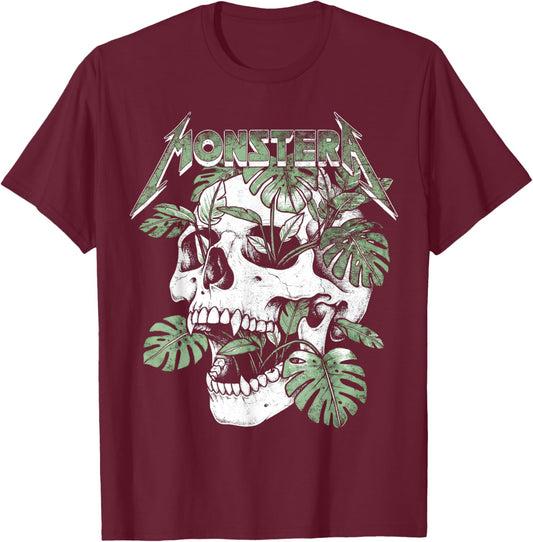 Monstera Funny Skull Plant Lover Grunge Gardener Women Men T-Shirt - T-Shirt | Maroon