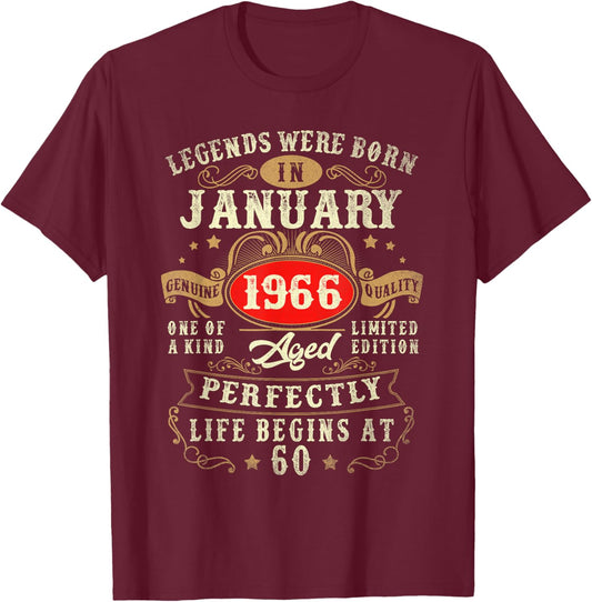 60 Year Old Vintage Made in January 1966 60th Birthday Men T-Shirt - T-Shirt | Maroon