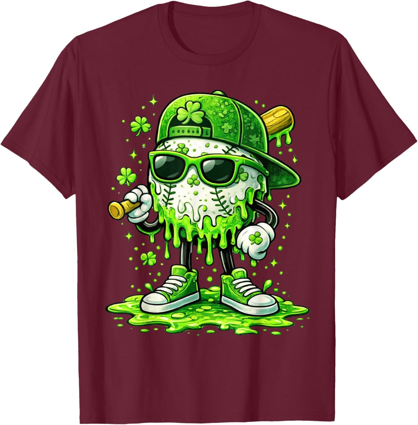 St Patricks Day Baseball Ice Cream Drip Shamrock Kids Boys T-Shirt - T-Shirt | Maroon