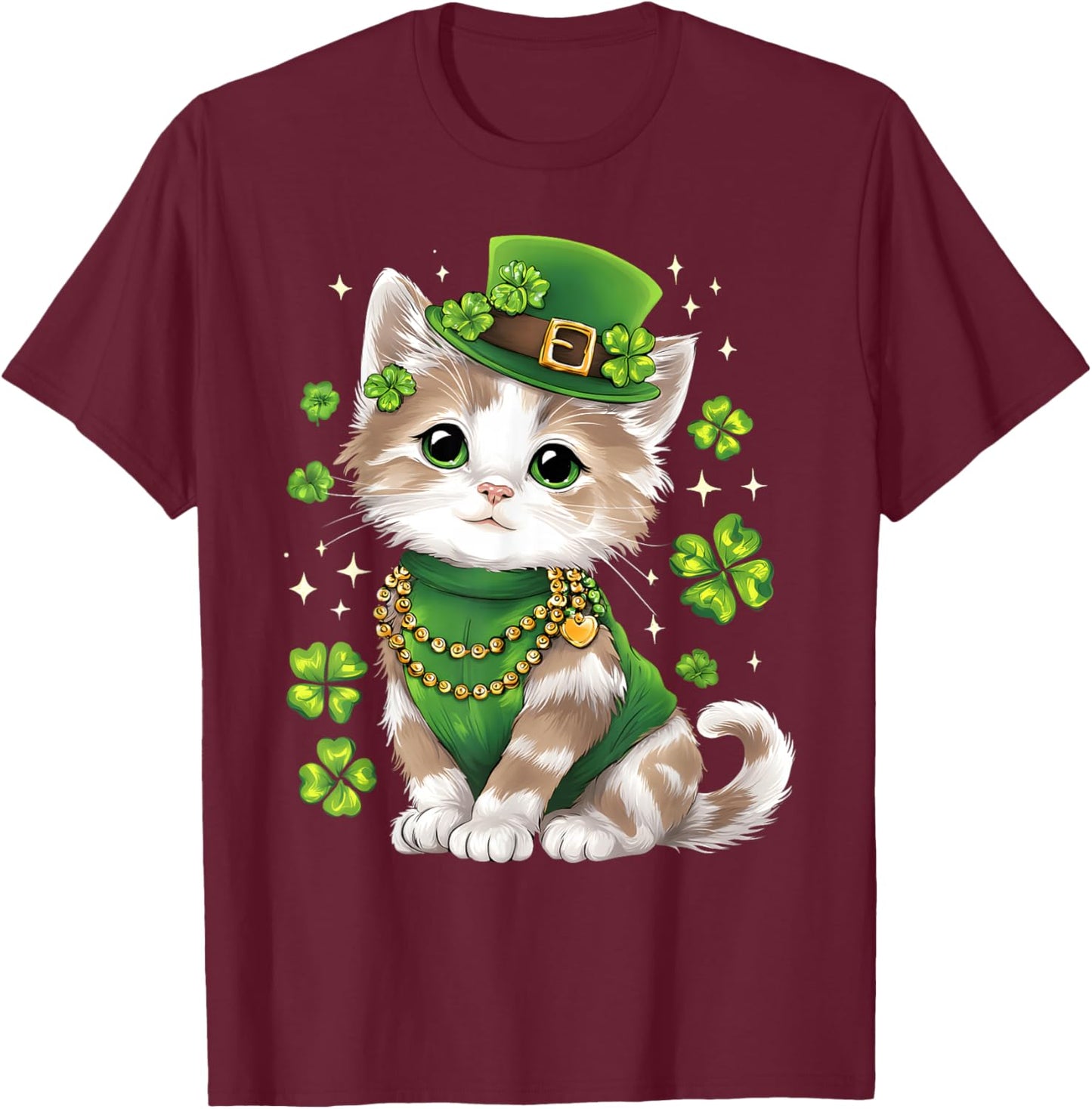 St Patricks Day Cat Leprechaun Hat Shamrock Saint Pattys Day T-Shirt - T-Shirt | Maroon