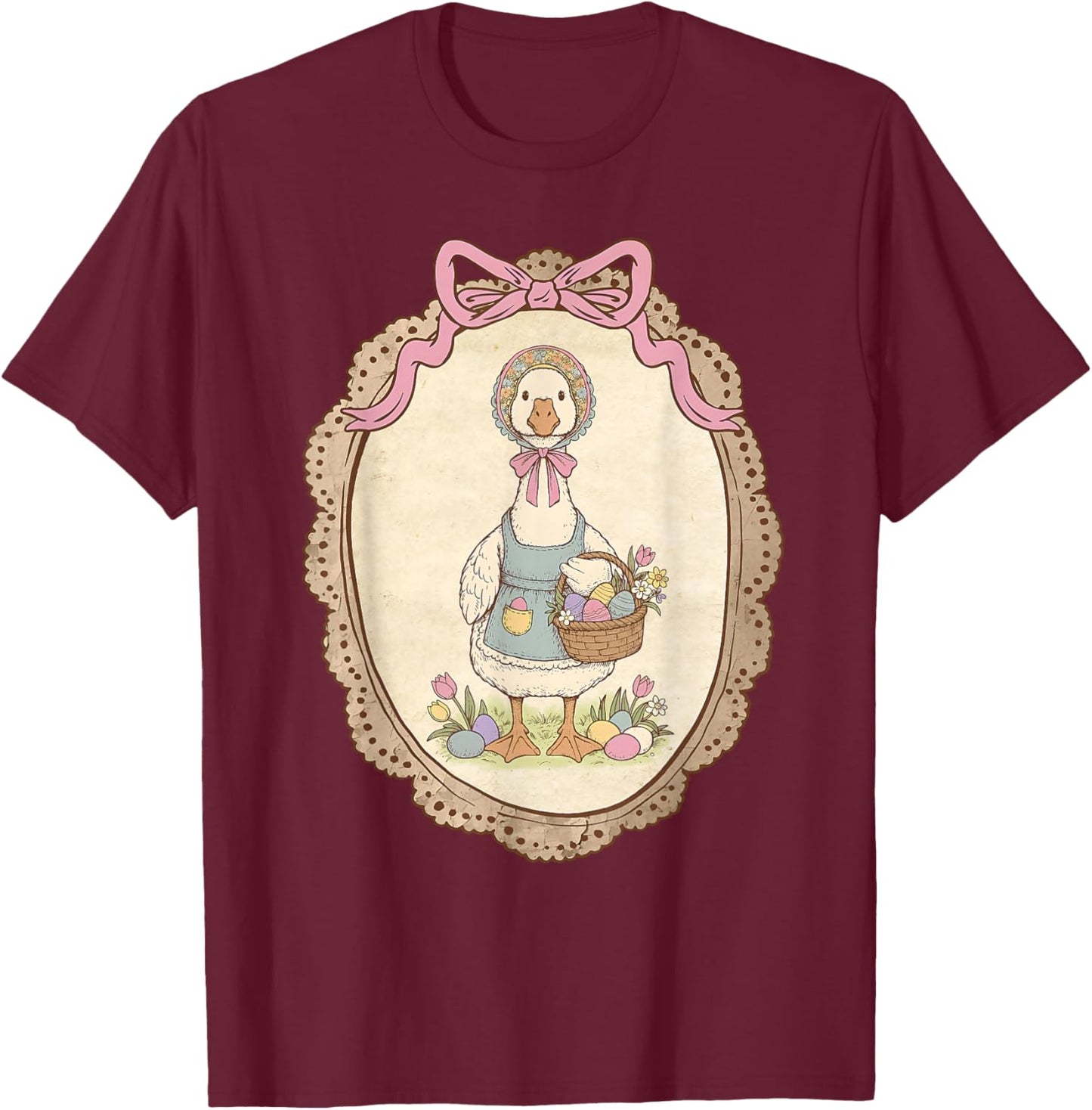 Coquette Bow Funny Silly Goose Bunny Eggs Happy Easter Day T-Shirt - T-Shirt | Maroon