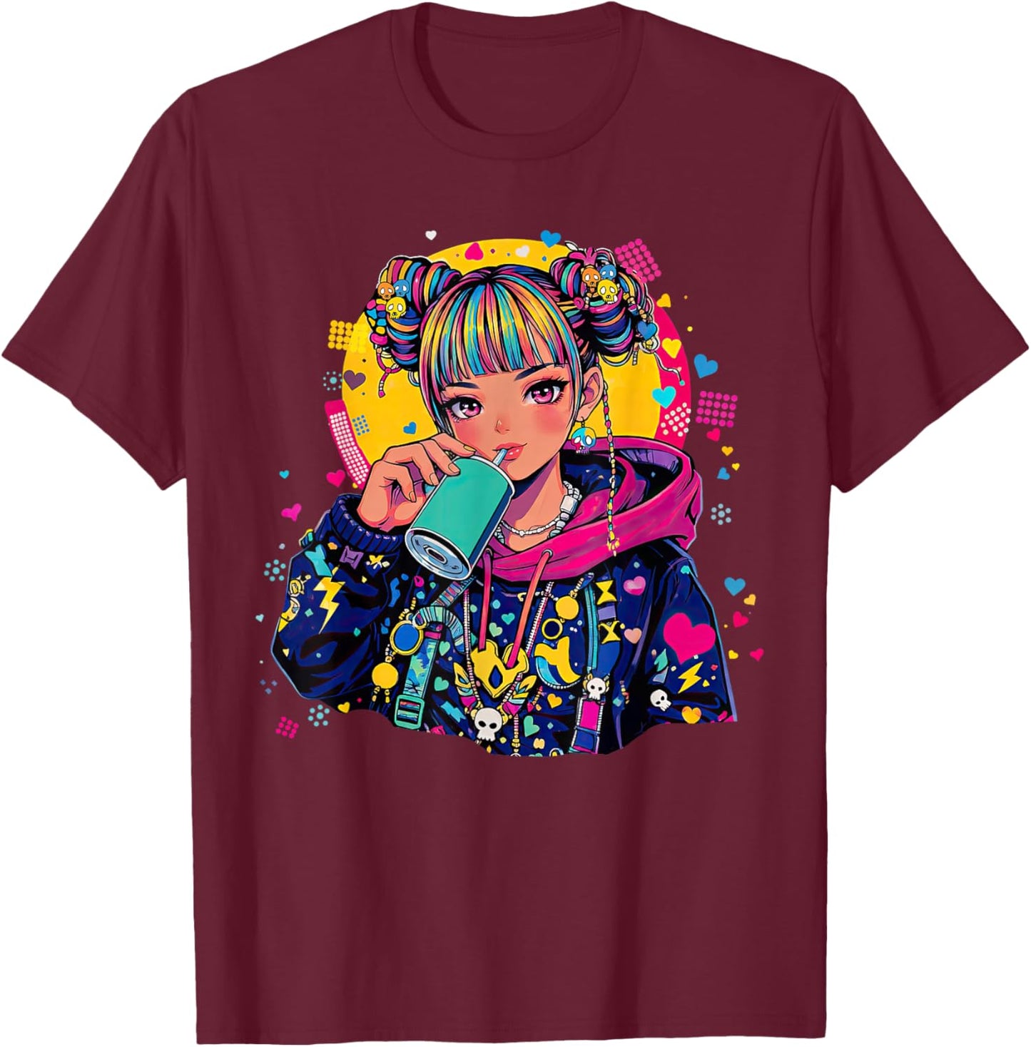 Y2K Decora Aesthetic Kawaii Anime Girl Japanese Streetwear T-Shirt - T-Shirt | Maroon