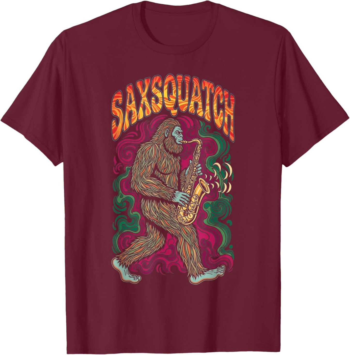 Vintage Sax-Squatch Retro Bigfoot Playing Saxophone T-Shirt - T-Shirt | Maroon
