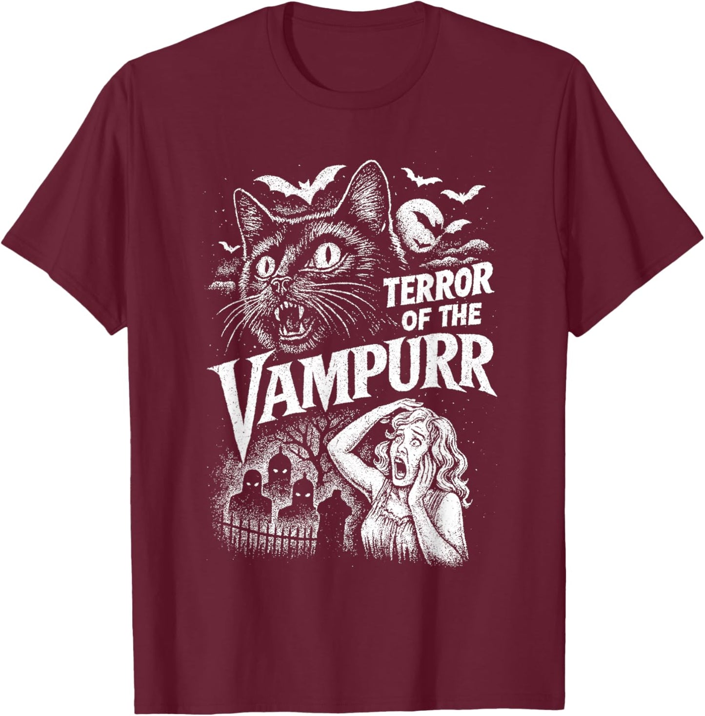 Terror of The Vampurr Halloween Cat Vintage Movie Spooky T-Shirt - T-Shirt | Maroon
