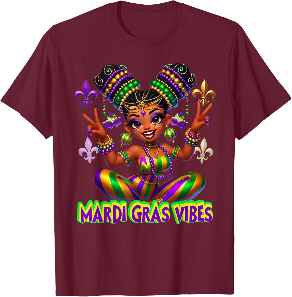 Mardi Gras Vibes Carnival New Orleans Beads Fleur De Lis T-Shirt - T-Shirt | Maroon