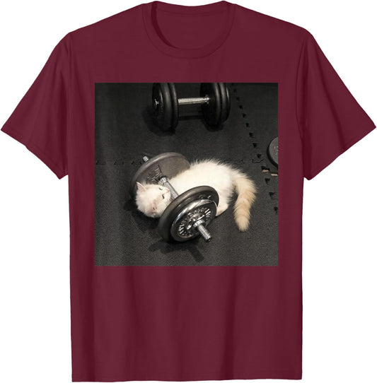 Cat Deadlift Training Funny Cute Cat Weightlifting Meme T-Shirt - T-Shirt | Maroon