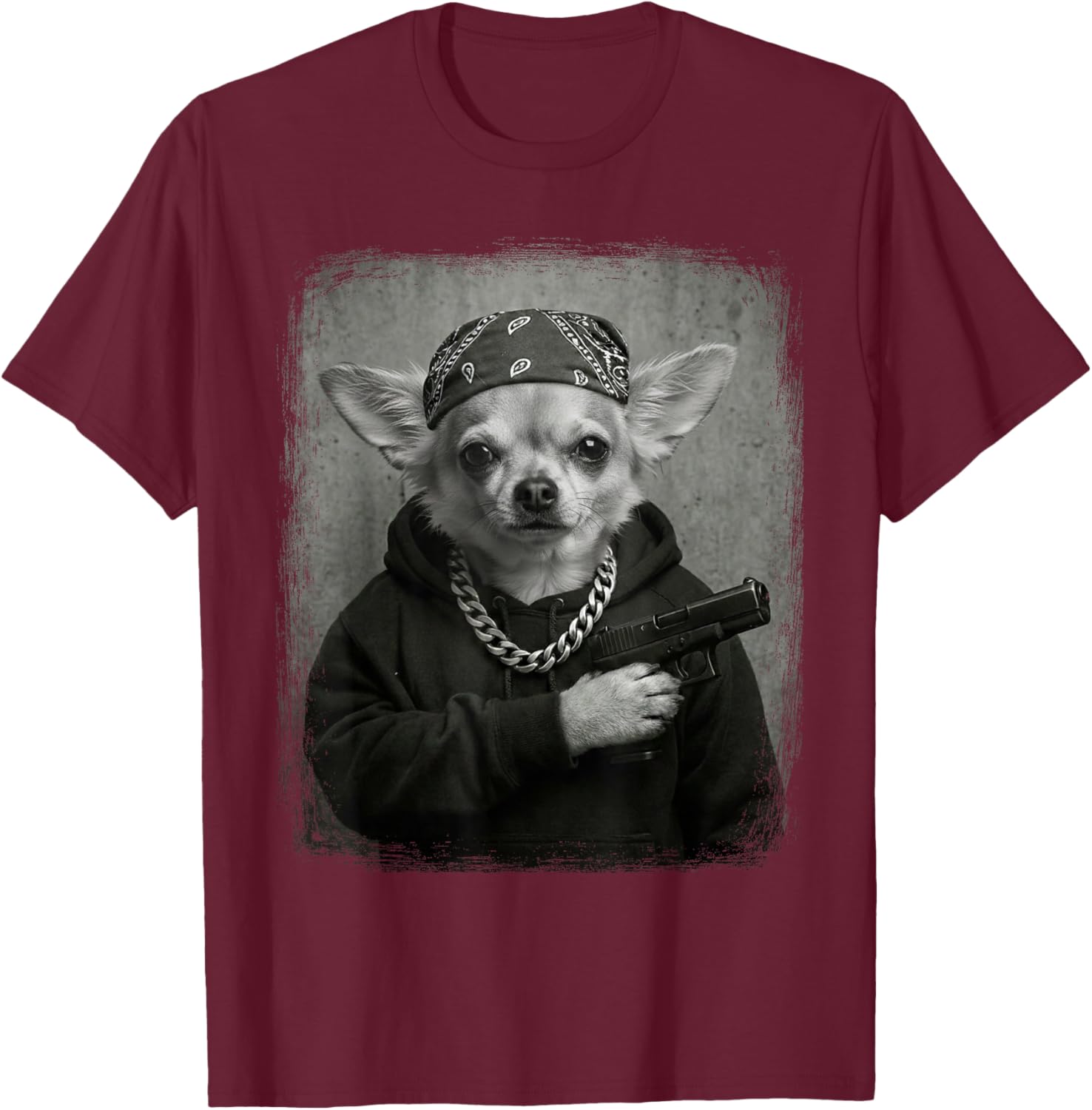 Street Style Chihuahua Dog Gangster Bandana & Chain Funny T-Shirt - T-Shirt | Maroon