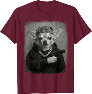 Street Style Chihuahua Dog Gangster Bandana & Chain Funny T-Shirt - T-Shirt | Maroon