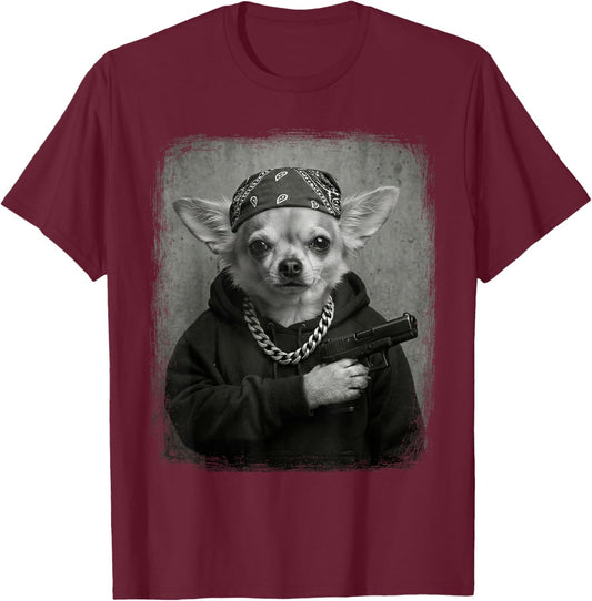 Street Style Chihuahua Dog Gangster Bandana & Chain Funny T-Shirt - T-Shirt | Maroon