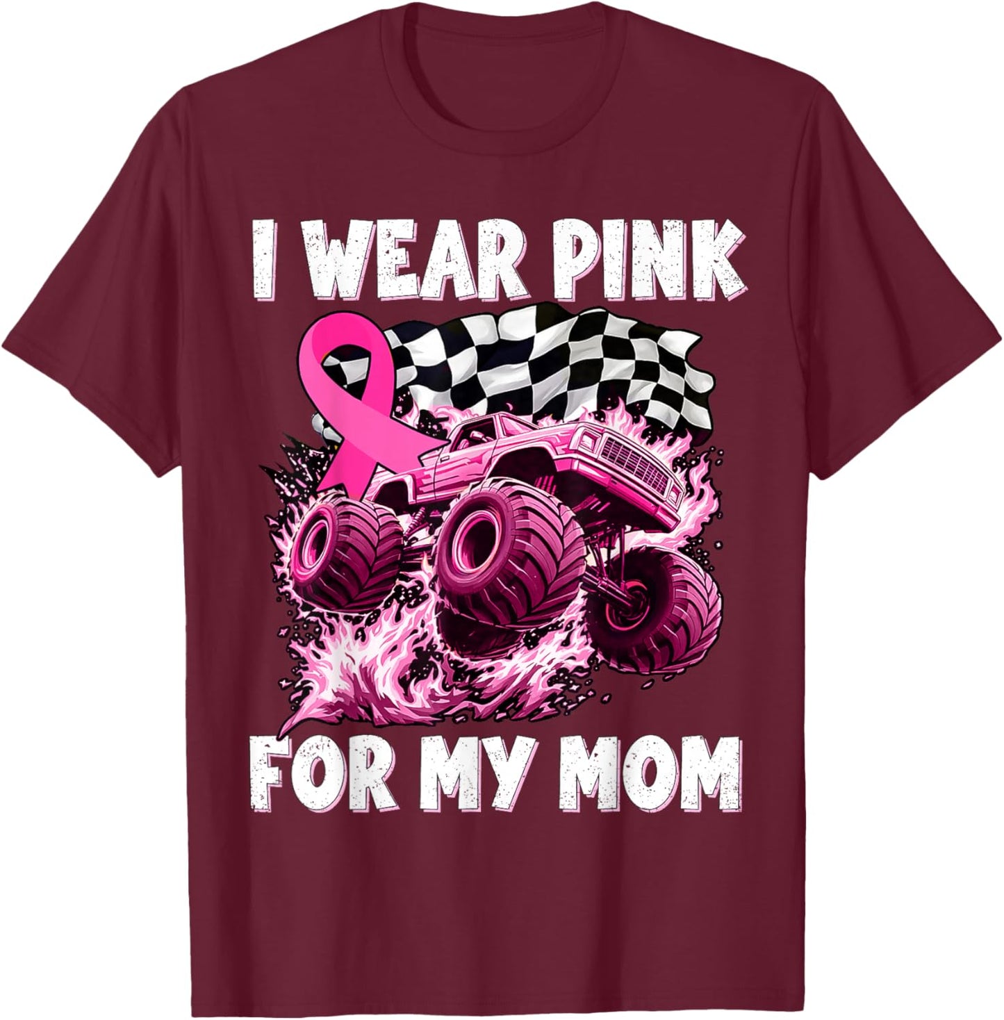 I Wear Pink for My Mom Breast Cancer Monster Truck Youth Kid T-Shirt - T-Shirt | Maroon