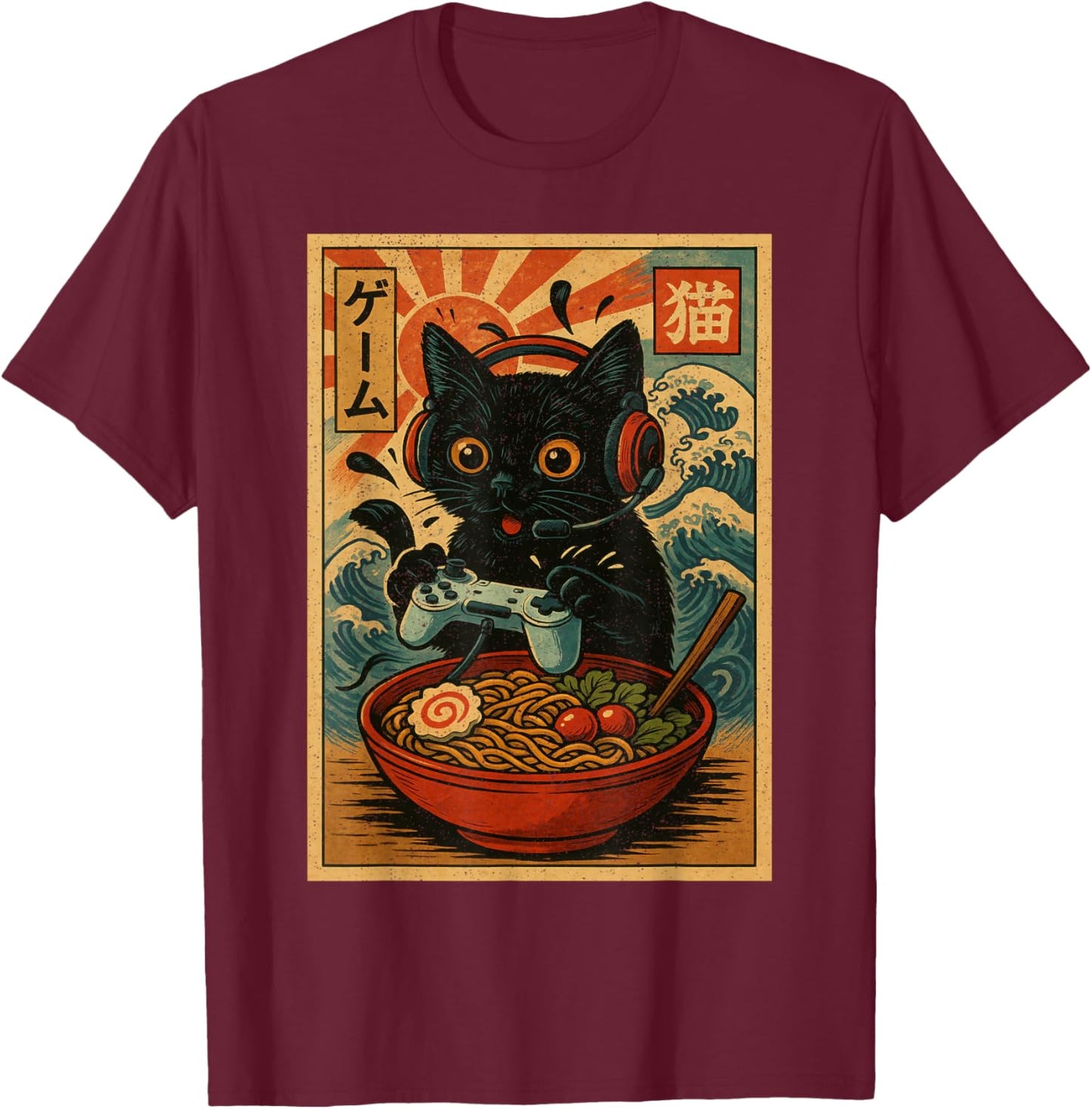 Cute Kawaii Gamer Cat Funny Ramen Retro Japanese Cat Gaming T-Shirt - T-Shirt | Maroon