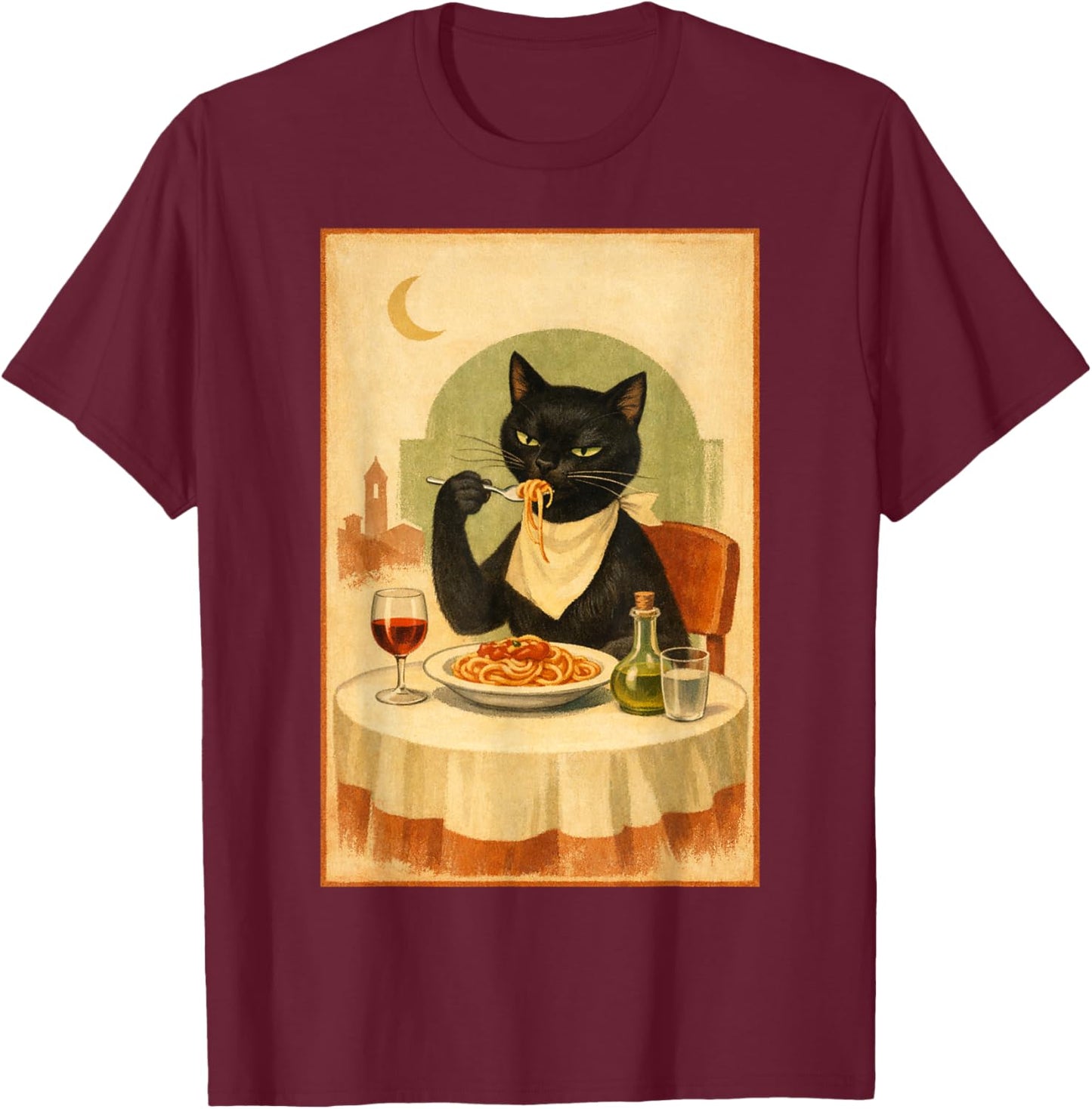 Black Cat Eating Spaghetti Illustration T-Shirt - T-Shirt | Maroon