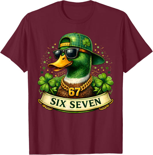 St Patricks Day Lucky Duck Six Seven Meme Shamrock Boys Kids T-Shirt - T-Shirt | Maroon