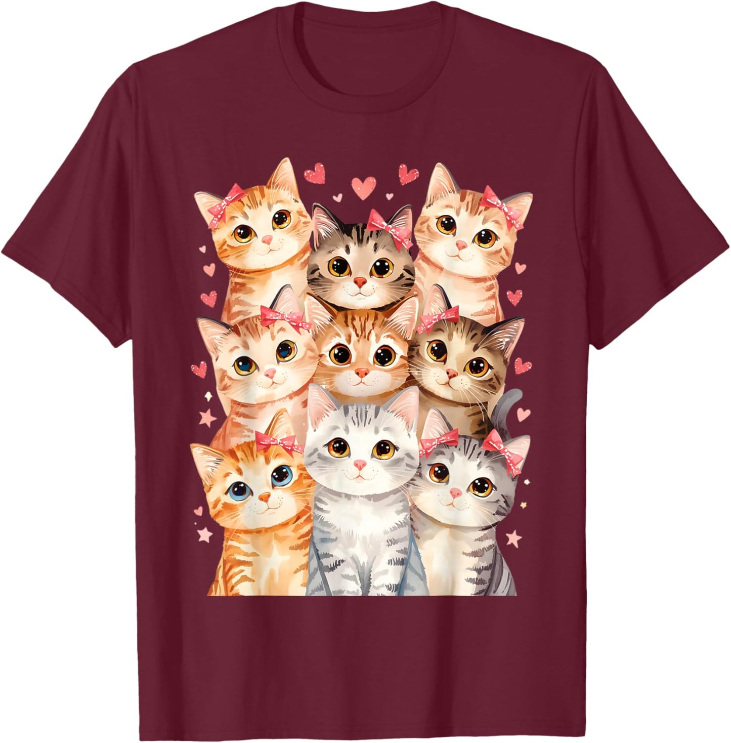Cat Loving Girls Nine Cats with Pink Bows and Love Heart T-Shirt - T-Shirt | Maroon