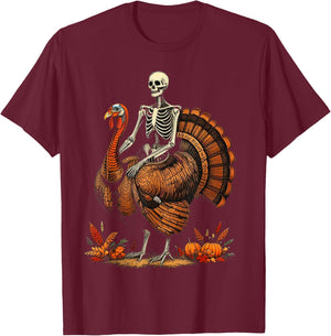 Skeleton Riding Turkey Thanksgiving Day Women Kids T-Shirt - T-Shirt | Maroon