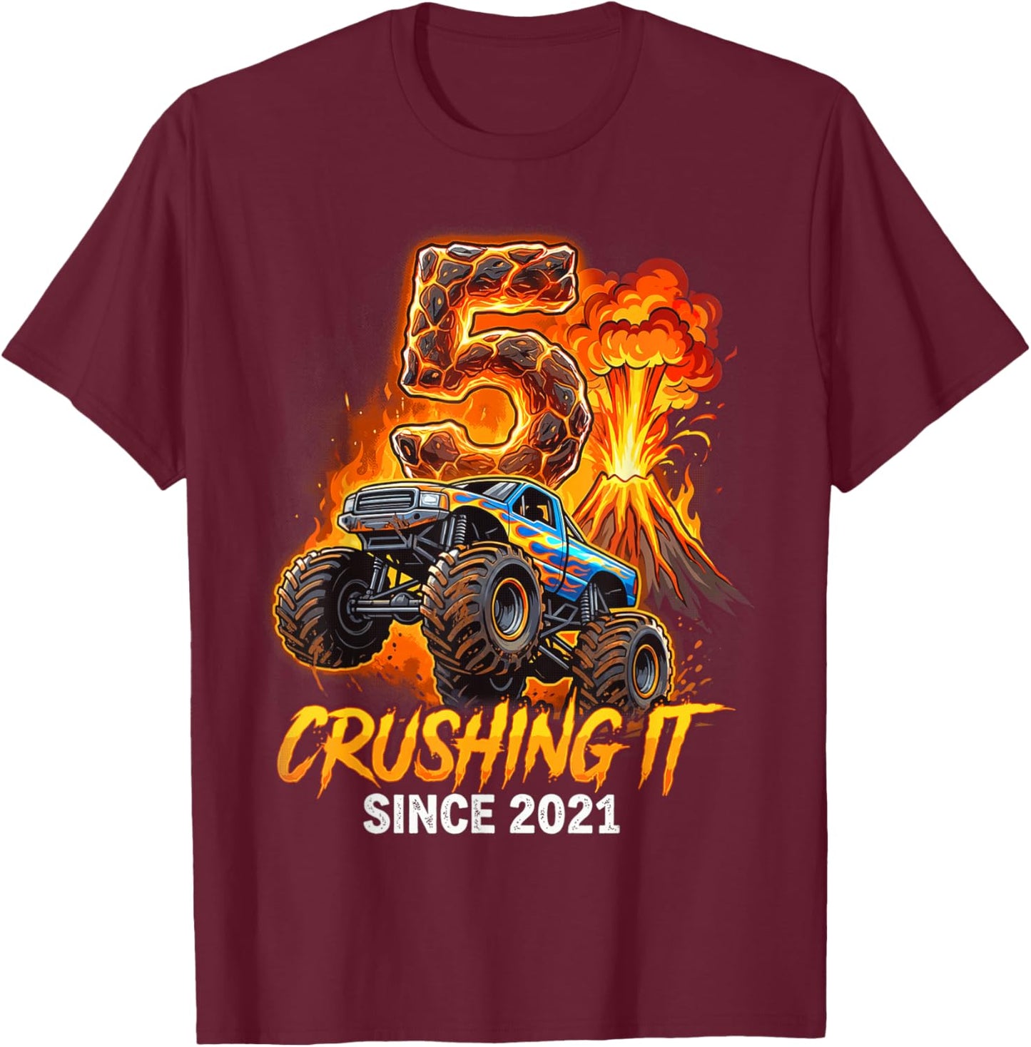 Birthday Monster Truck 5 Year Old Boys 5th Party Born 2021 T-Shirt - T-Shirt | Maroon