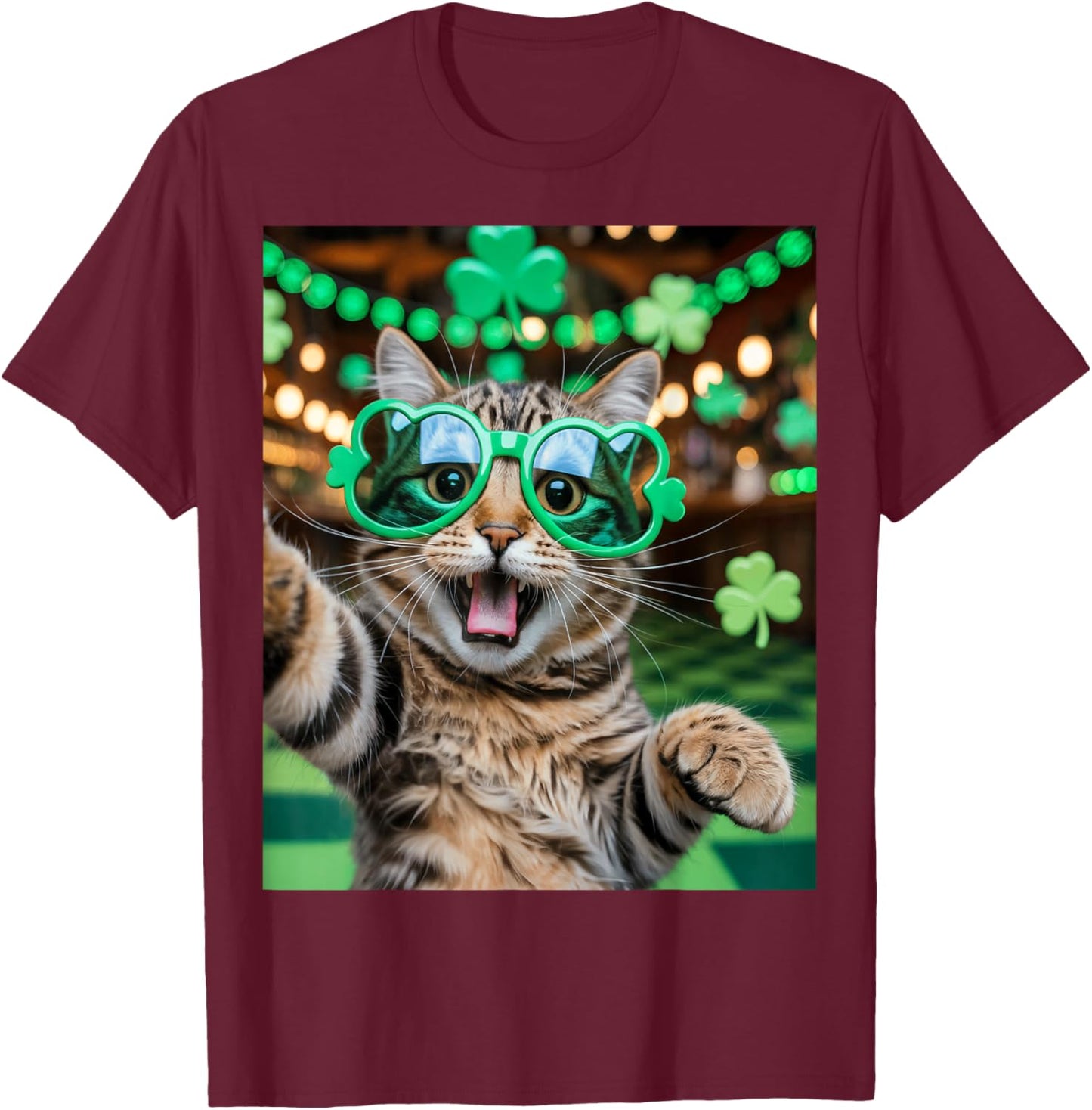 Funny Shamrock Selfie Cat Design Funny St Patrick’s Day T-Shirt - T-Shirt | Maroon