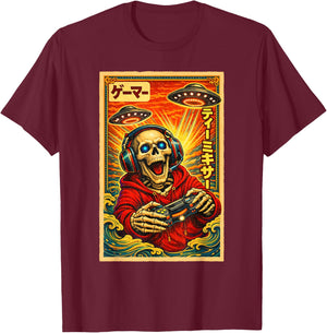 Japanese Retro Vintage UFO Skeleton Graphic Funny Gamer T-Shirt - T-Shirt | Maroon