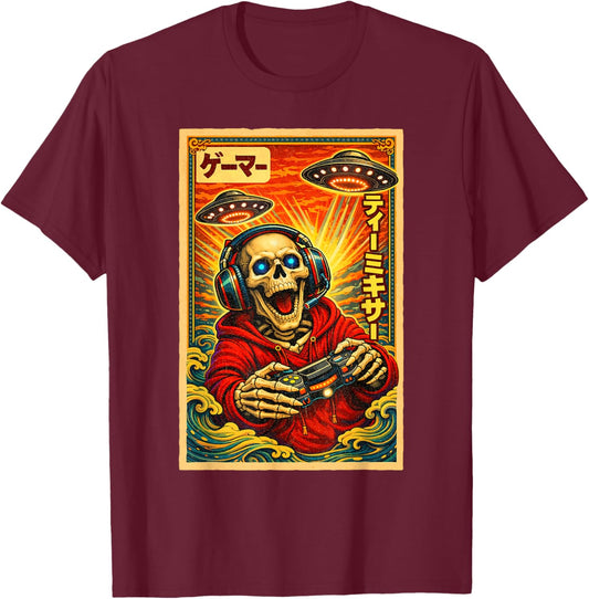 Japanese Retro Vintage UFO Skeleton Graphic Funny Gamer T-Shirt - T-Shirt | Maroon