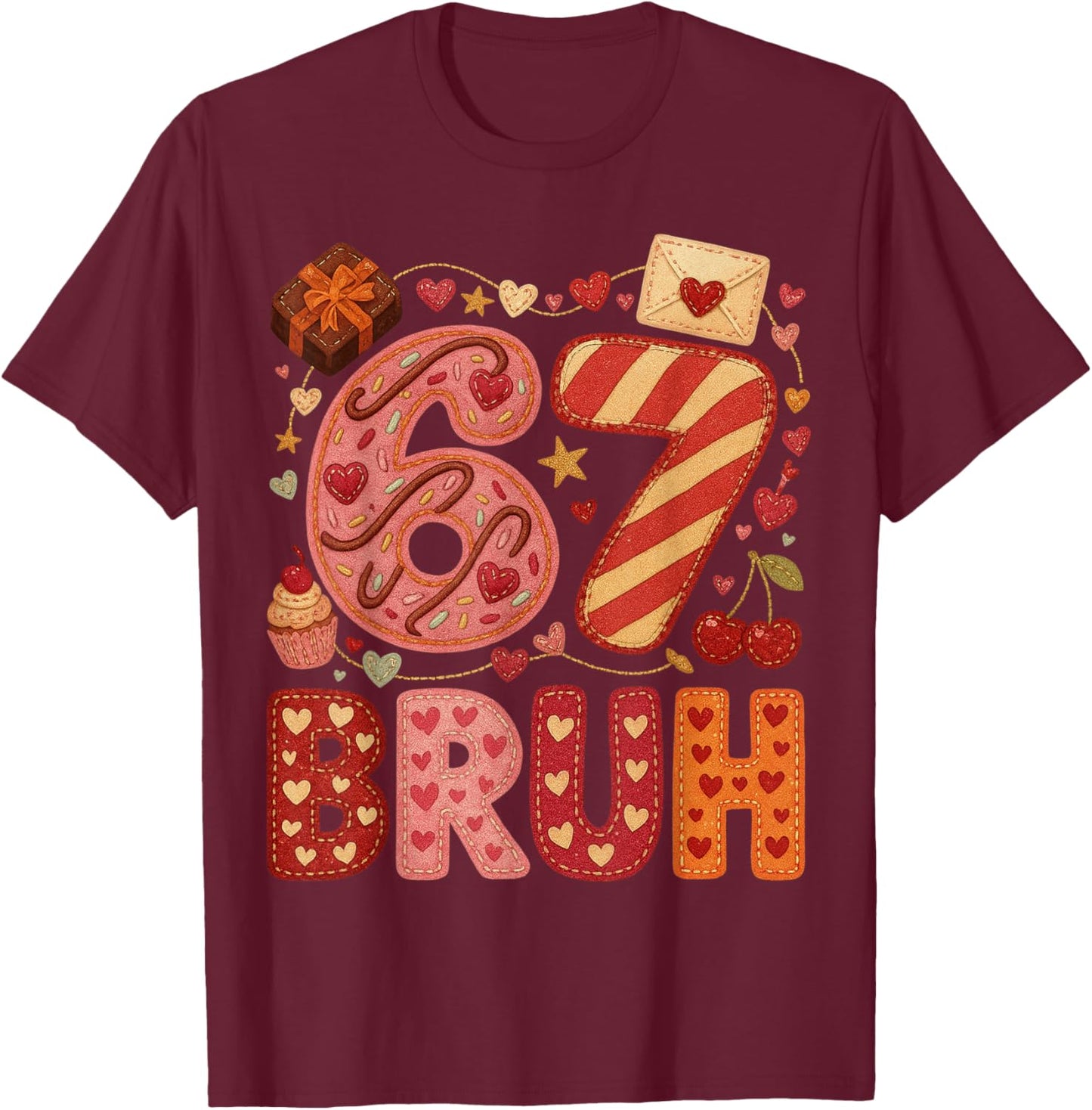 Six Seven Bruh Valentine Heart 67 Cute Kids Meme Boys Girls T-Shirt - T-Shirt | Maroon