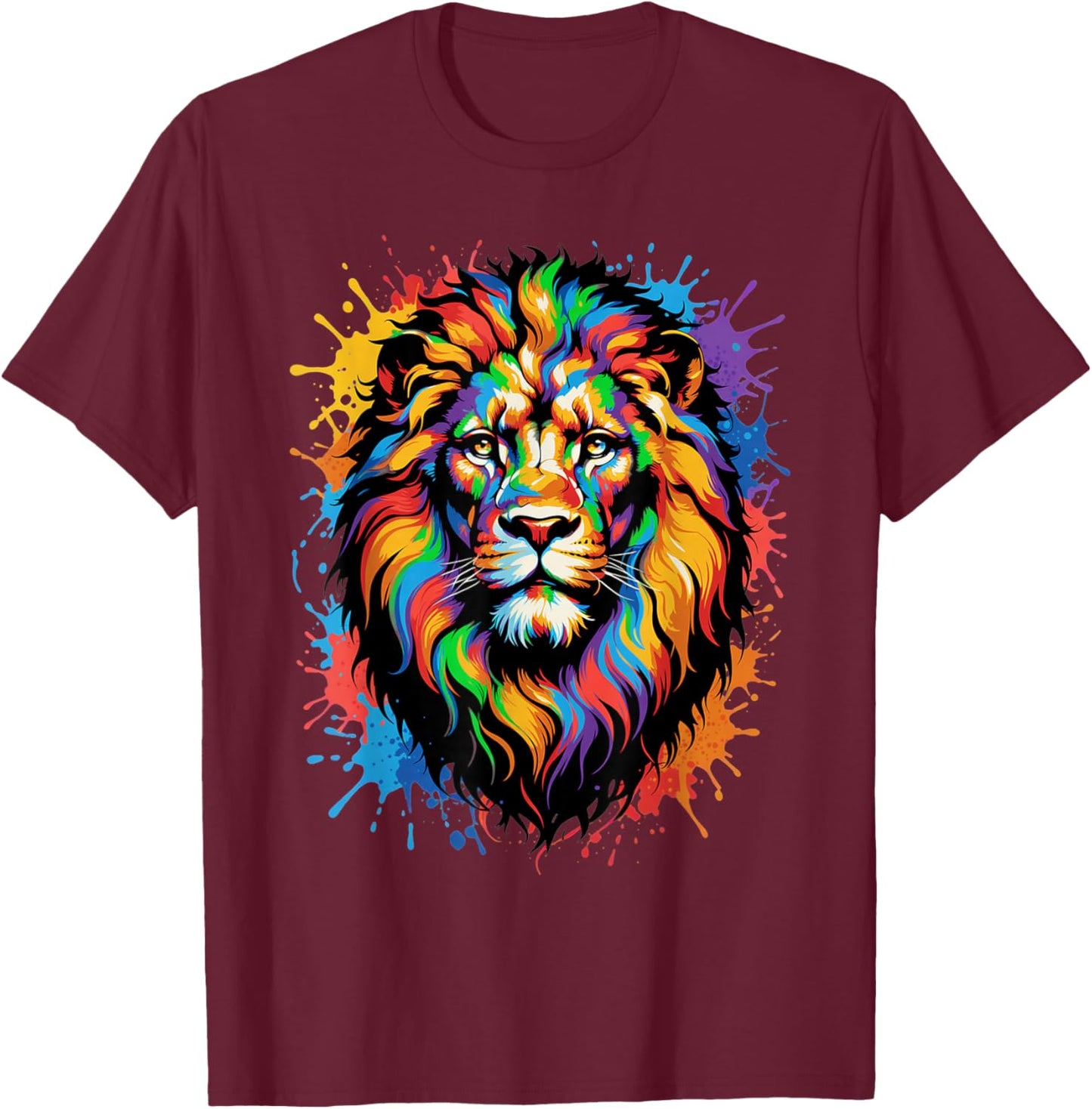 Colorful Lion Face Paint Splash Art T-Shirt - T-Shirt | Maroon