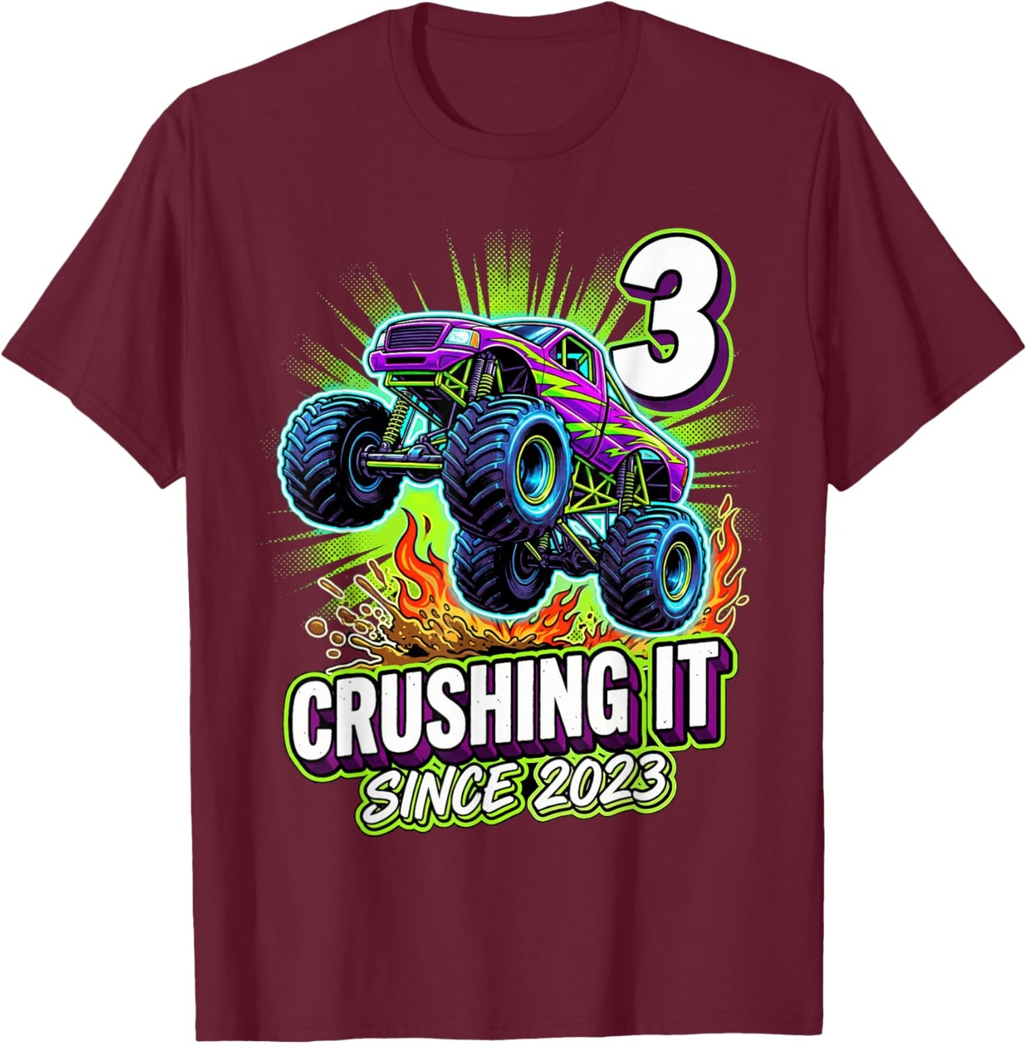 Birthday Monster Truck 3 Year Old Boys 3rd Party Born 2023 T-Shirt - T-Shirt | Maroon