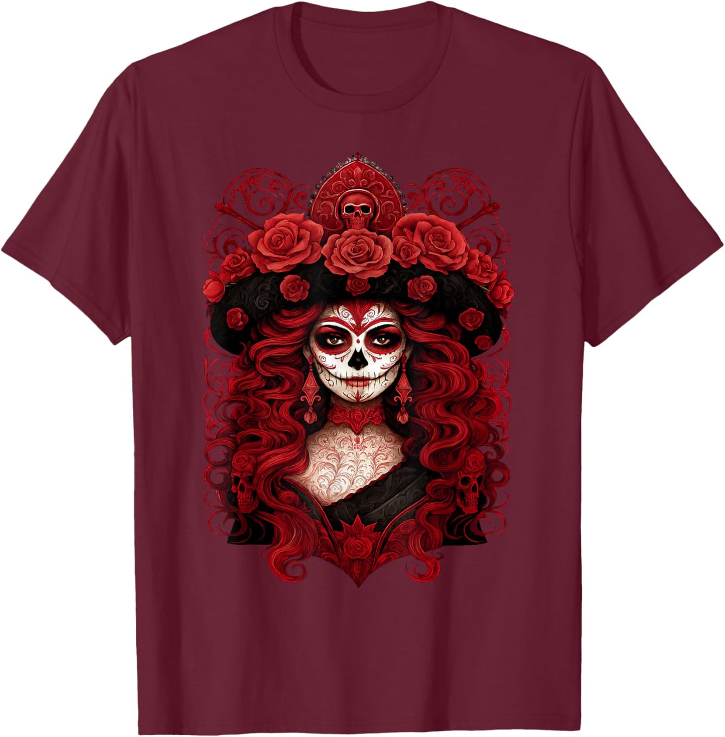 De Los Muertos La Catrina Day of The Dead Women Sugar Skull T-Shirt - T-Shirt | Maroon