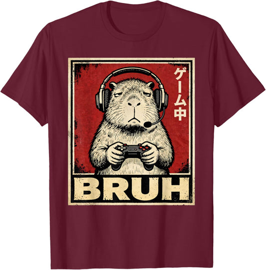 Funny Capybara Gamer Bruh Men Boys Teens Gaming T-Shirt - T-Shirt | Maroon