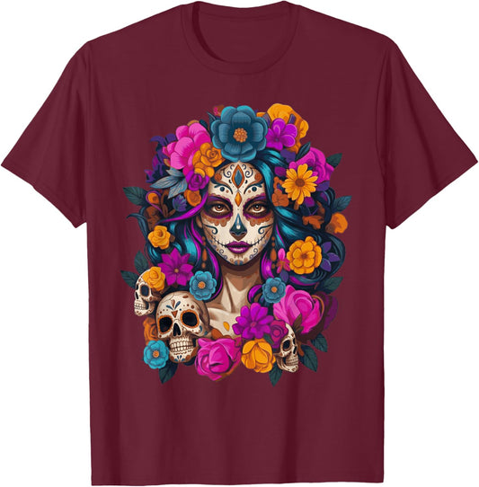 De Los Muertos La Catrina Day of The Dead Sugar Skull Women T-Shirt - T-Shirt | Maroon