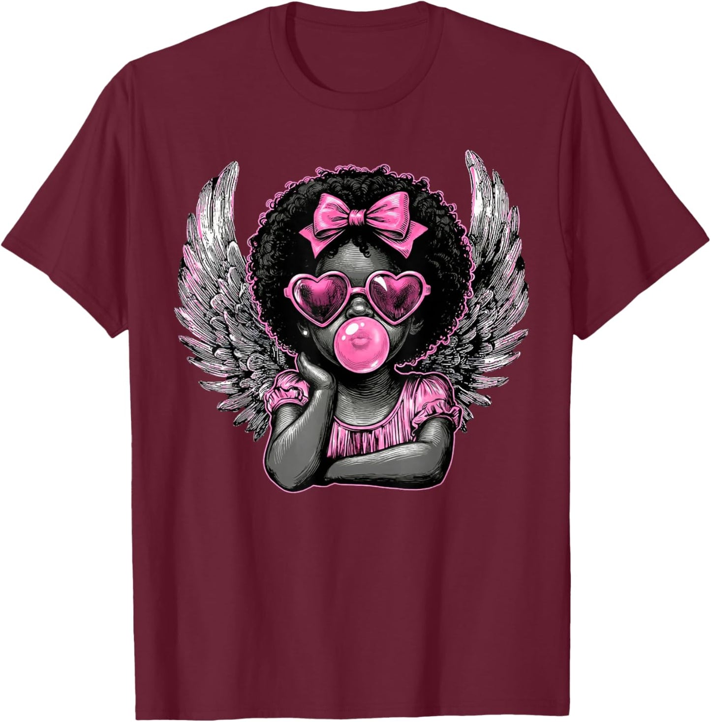 Afro Cupid with Sunglasses Blowing Bubble Gum Valentine T-Shirt - T-Shirt | Maroon