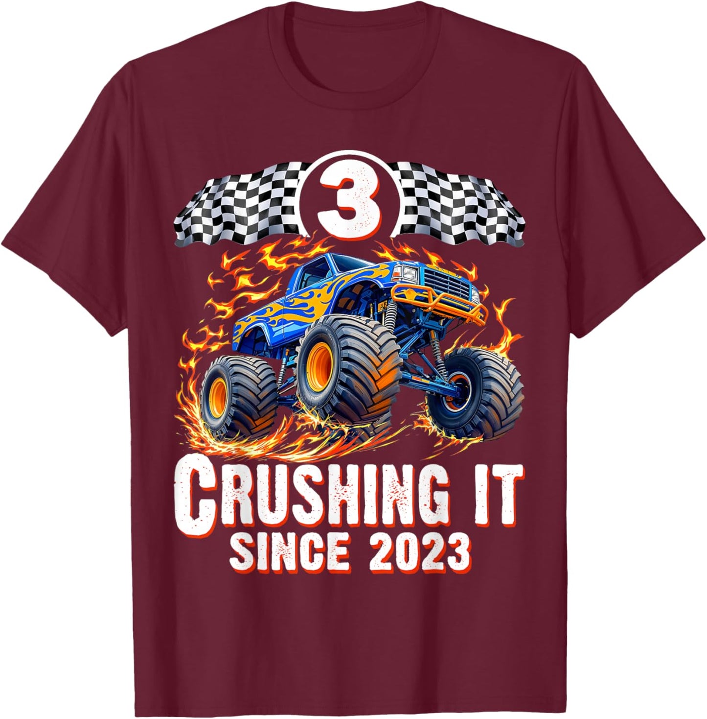Birthday Monster Truck 3 Year Old Boys 3rd Party Born 2023 T-Shirt - T-Shirt | Maroon