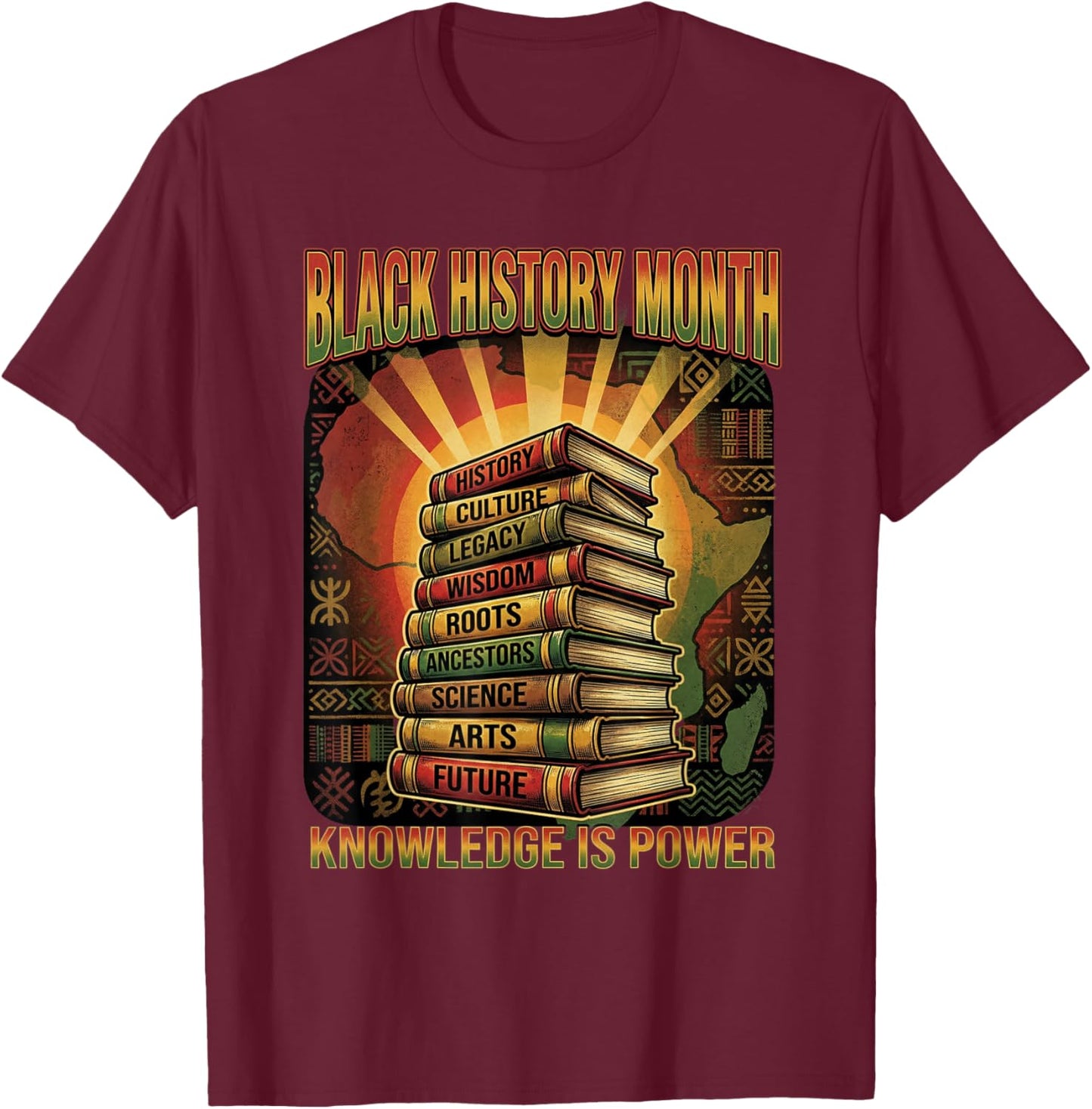 Black History Month Vintage Style Knowledge is Power T-Shirt - T-Shirt | Maroon
