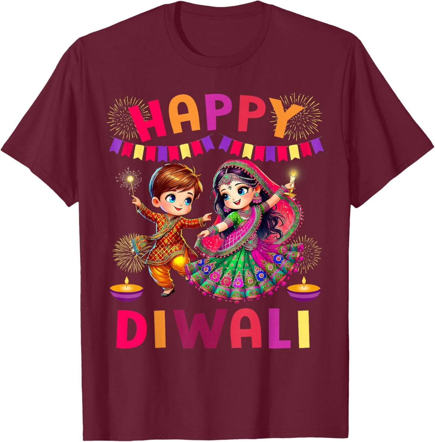 Happy Diwali Festival Lights Matching Indian Family Couples T-Shirt - T-Shirt | Maroon