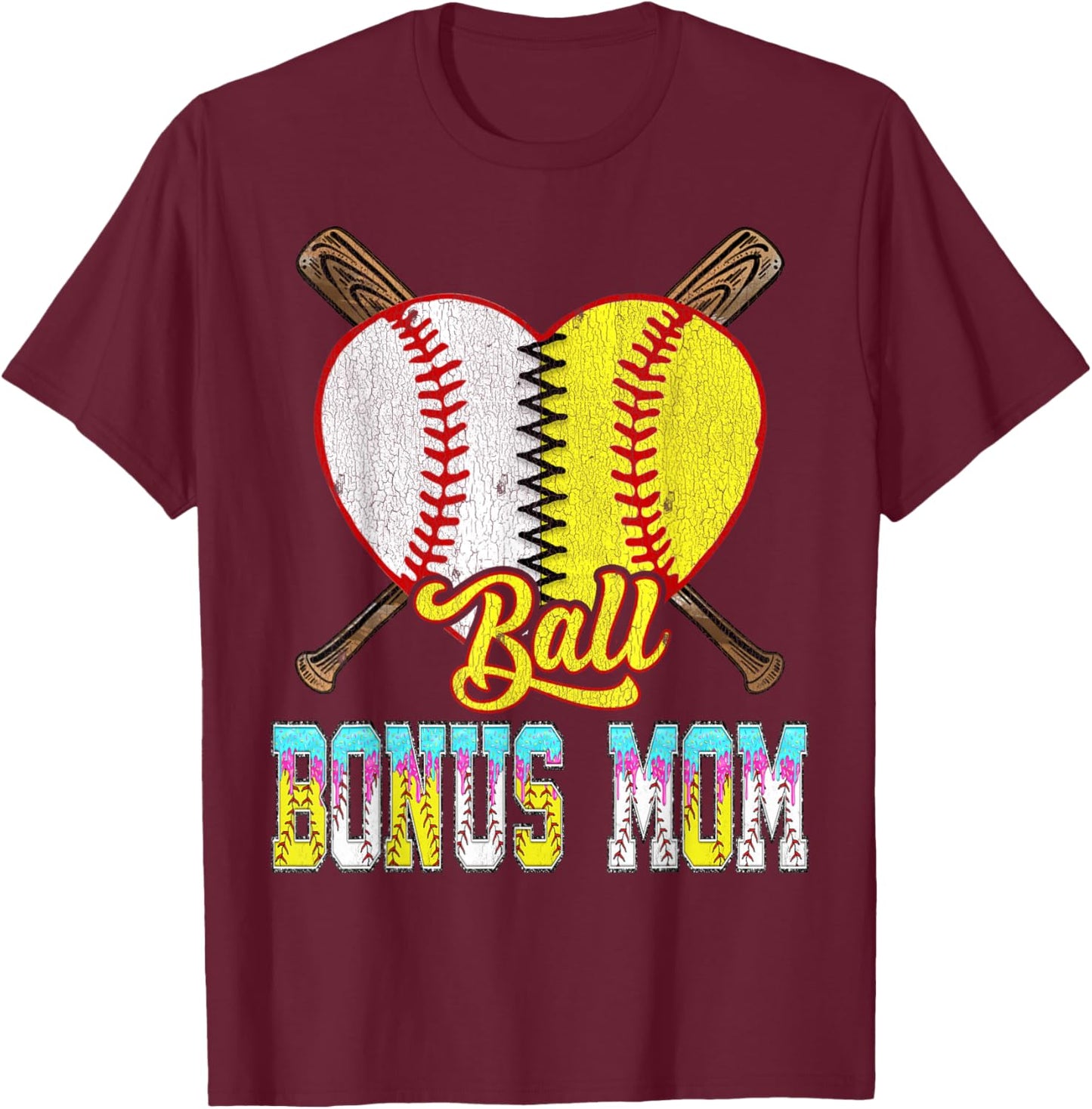 Bonus Mom of Both Half Baseball Softball Ice Cream Drip T-Shirt - T-Shirt | Maroon