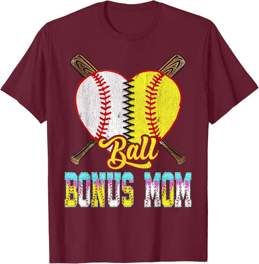 Bonus Mom of Both Half Baseball Softball Ice Cream Drip T-Shirt - T-Shirt | Maroon