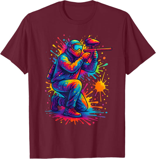 Colorful Paintball Player Sports Lover Men Women Kids T-Shirt - T-Shirt | Maroon