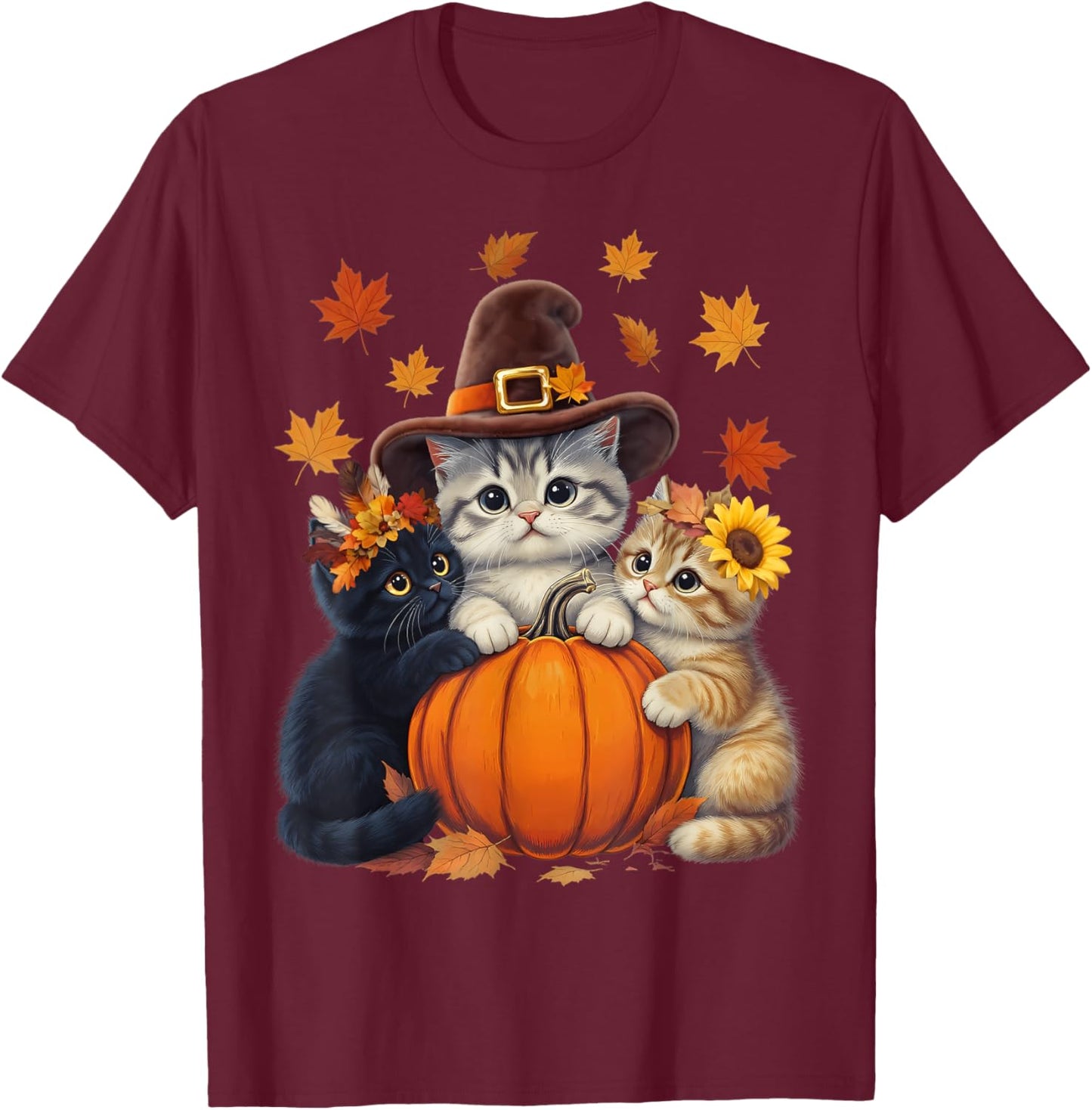 Thanksgiving Kittens and Pumpkin Cats Lover Men Women Fall T-Shirt - T-Shirt | Maroon