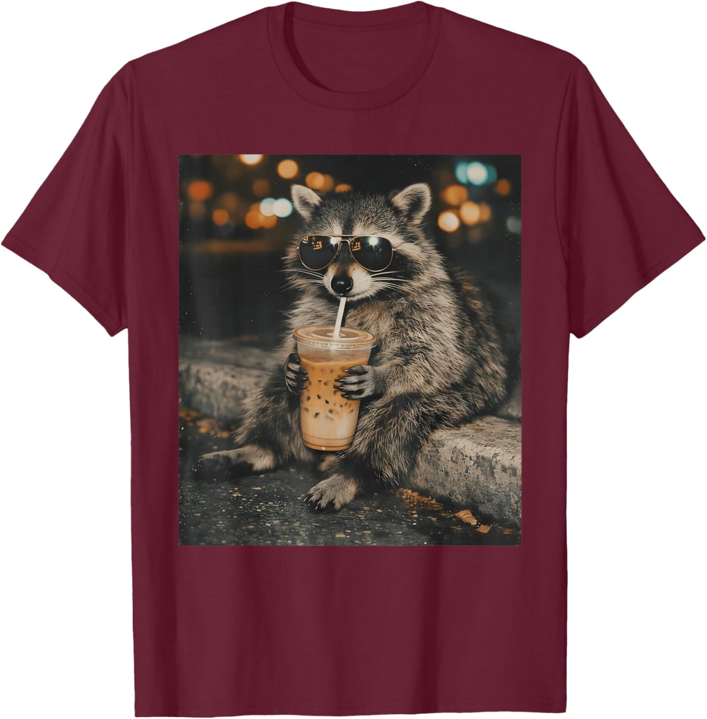 Raccoon Drinking Iced Coffee Funny Animal Meme Men Women T-Shirt - T-Shirt | Maroon