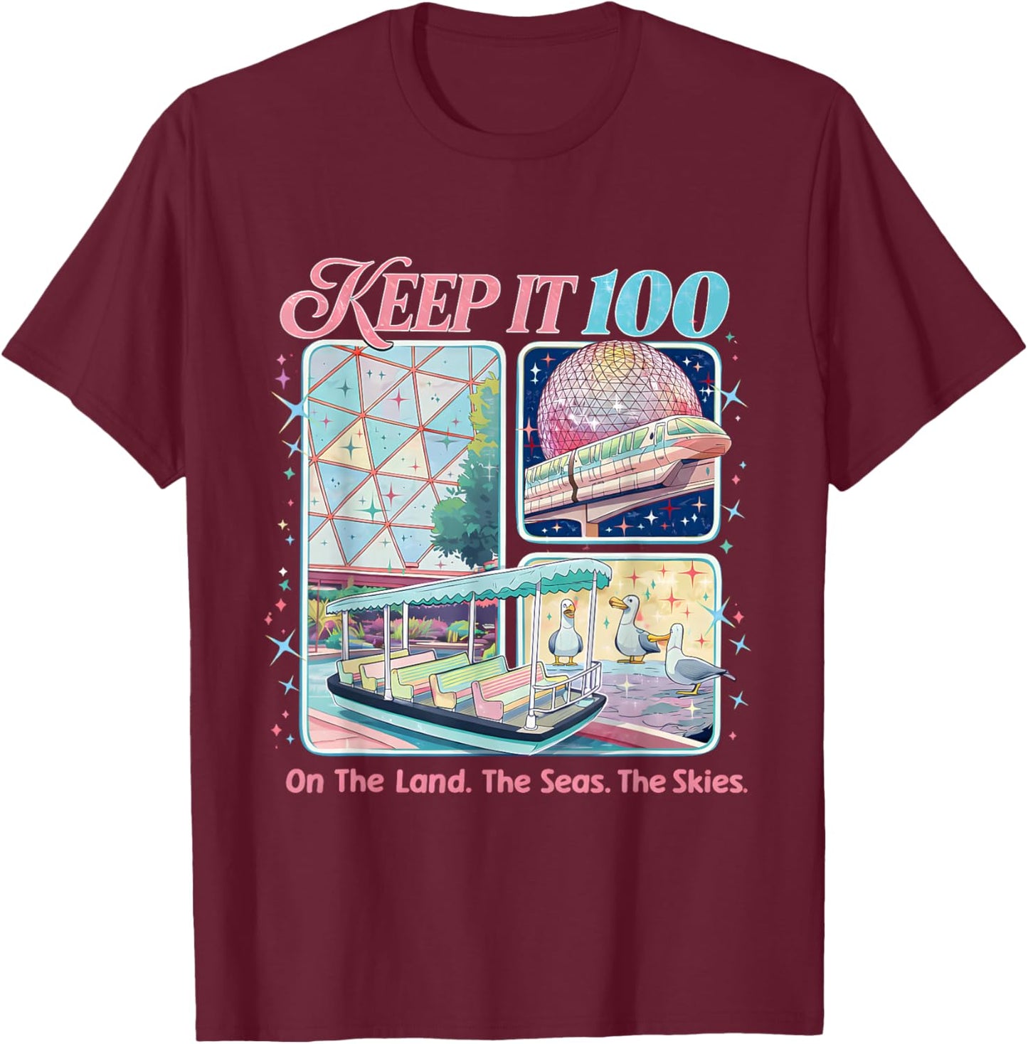 Keep It 100 Retro Travel Aesthetic Land Sea Sky T-Shirt - T-Shirt | Maroon