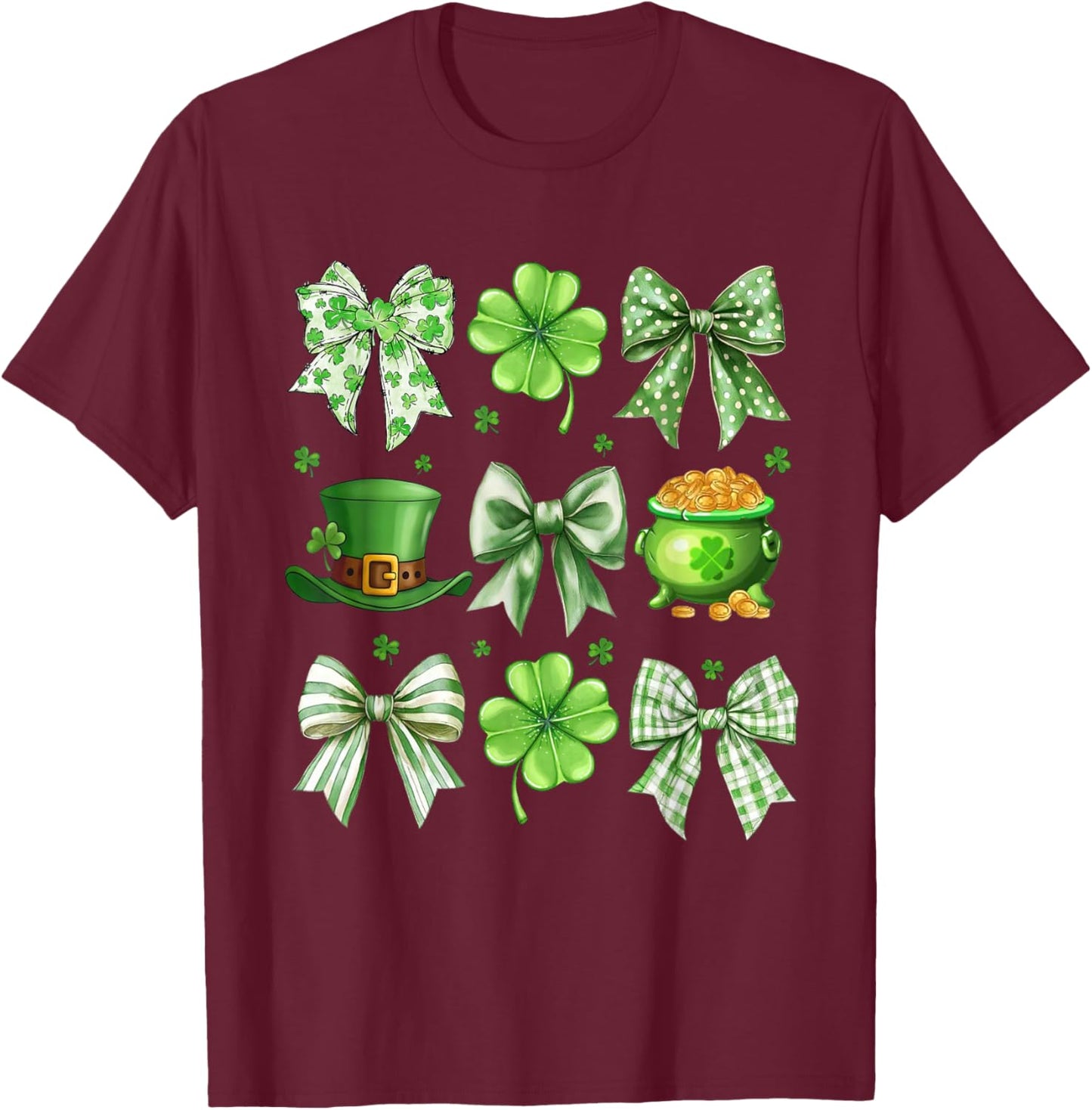 Coquette Bow Shamrock St Patricks Day Lucky Irish Girls T-Shirt - T-Shirt | Maroon