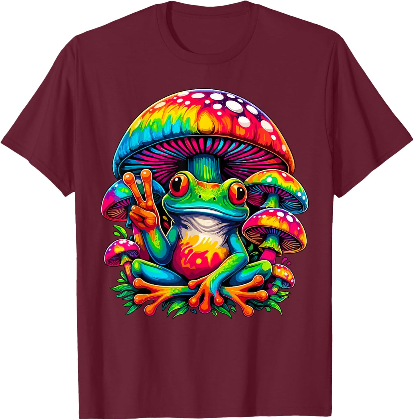 Tie-Dye Frog Peace Sign Mushroom Hippie T-Shirt - T-Shirt | Maroon