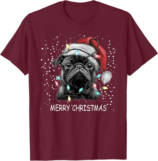 Pug Dog Christmas Lights Pajama Xmas Pet Lover T-Shirt - T-Shirt | Maroon
