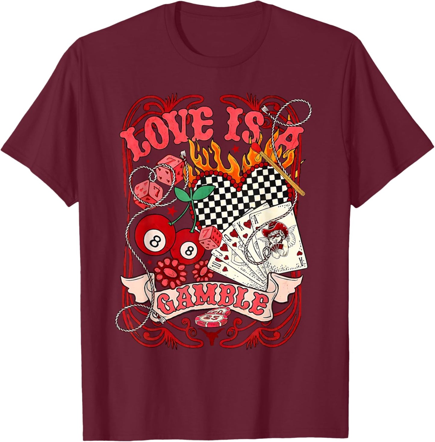 Love is A Retro Cowboy Wild West Checkered Game Valentines T-Shirt - T-Shirt | Maroon