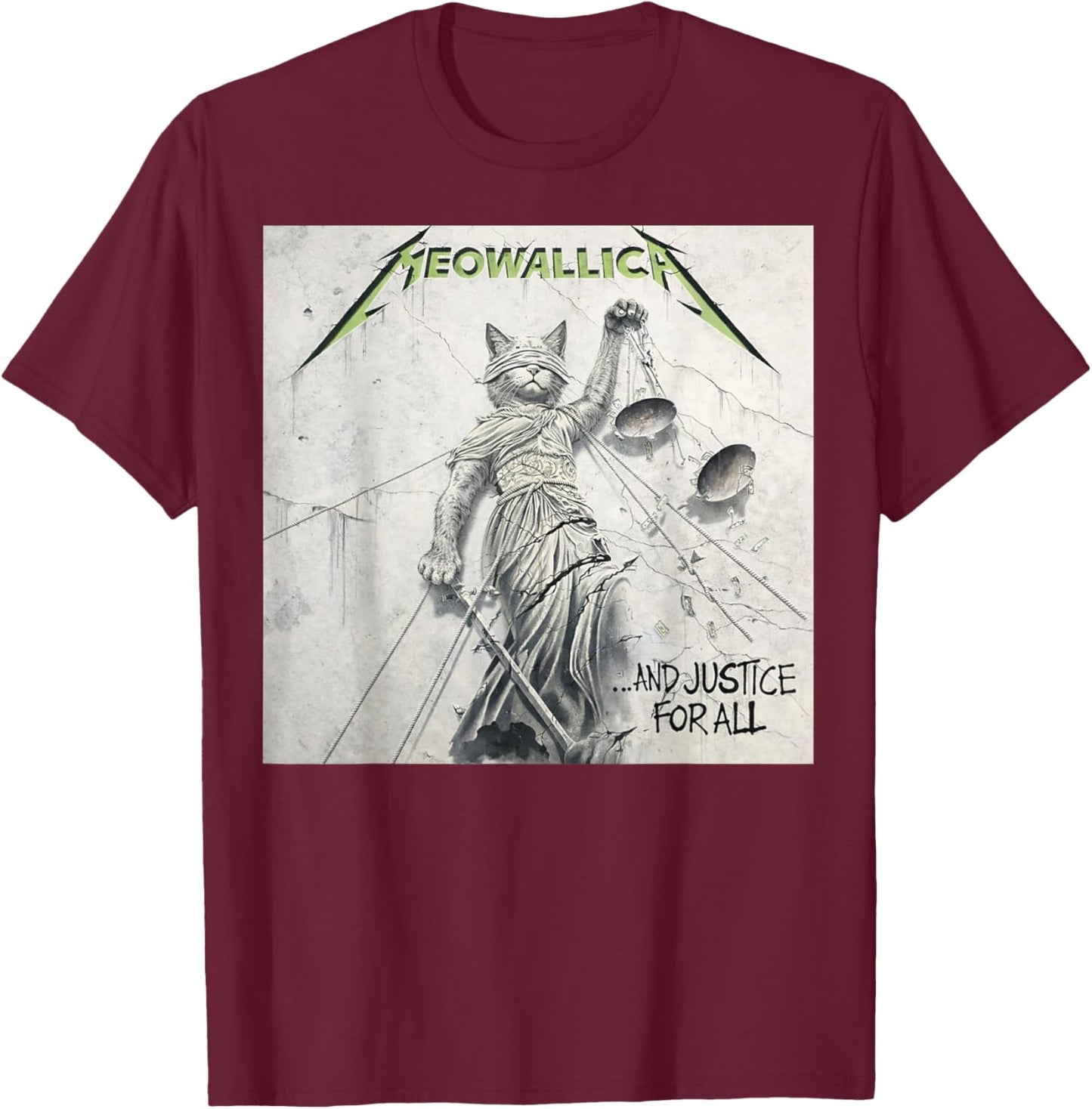 Meowallica ...and Justice for All, Funny Cat Metal Music T-Shirt - T-Shirt | Maroon