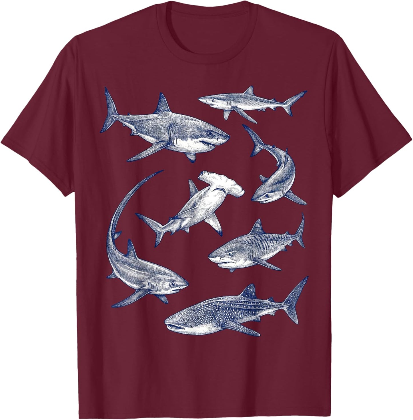 Vintage Sharks Marine Animals Wildlife Shark Lovers Retro T-Shirt - T-Shirt | Maroon