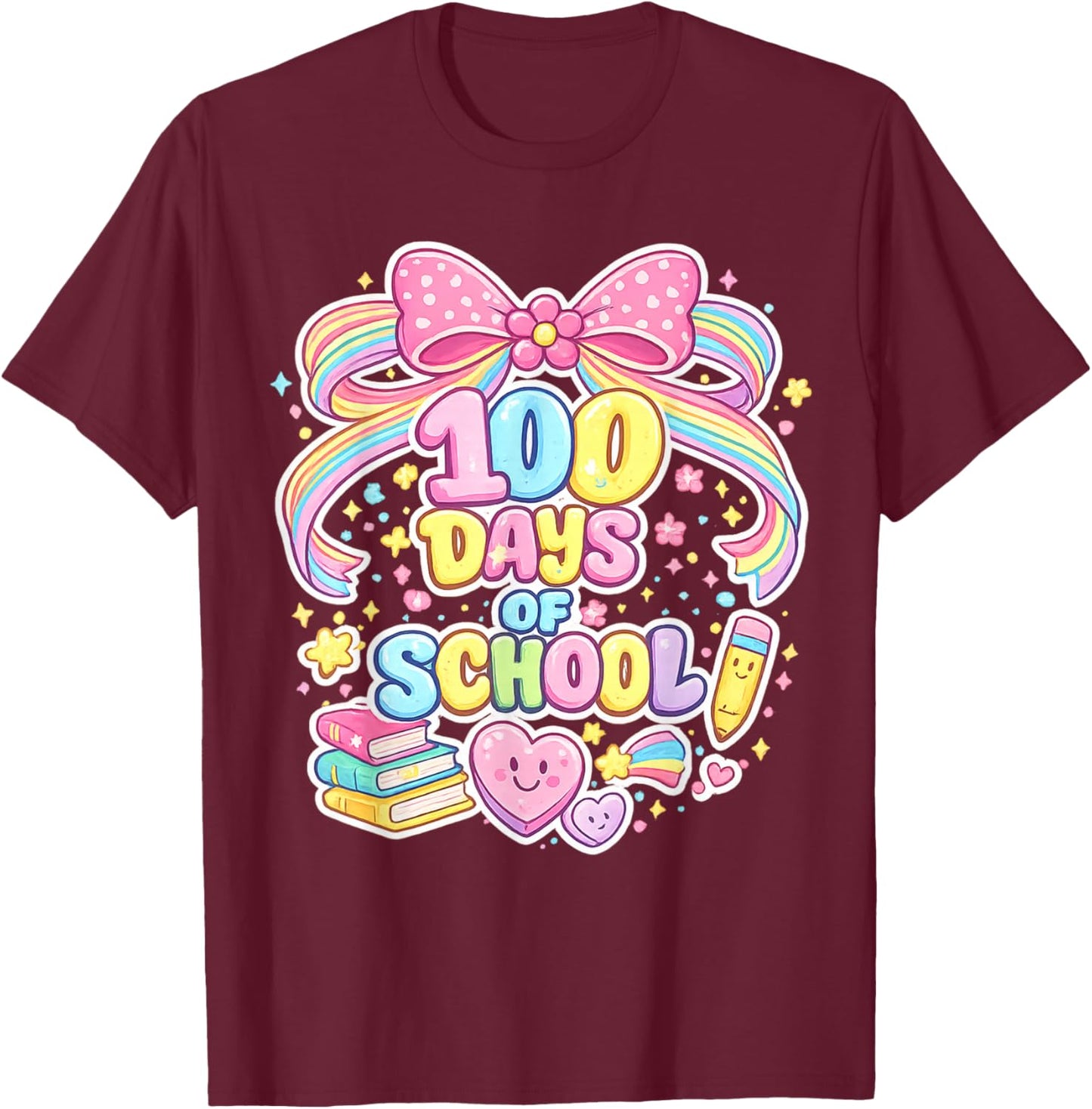 100th Day of School 100 Days Teacher Coquette Bow Girl T-Shirt - T-Shirt | Maroon